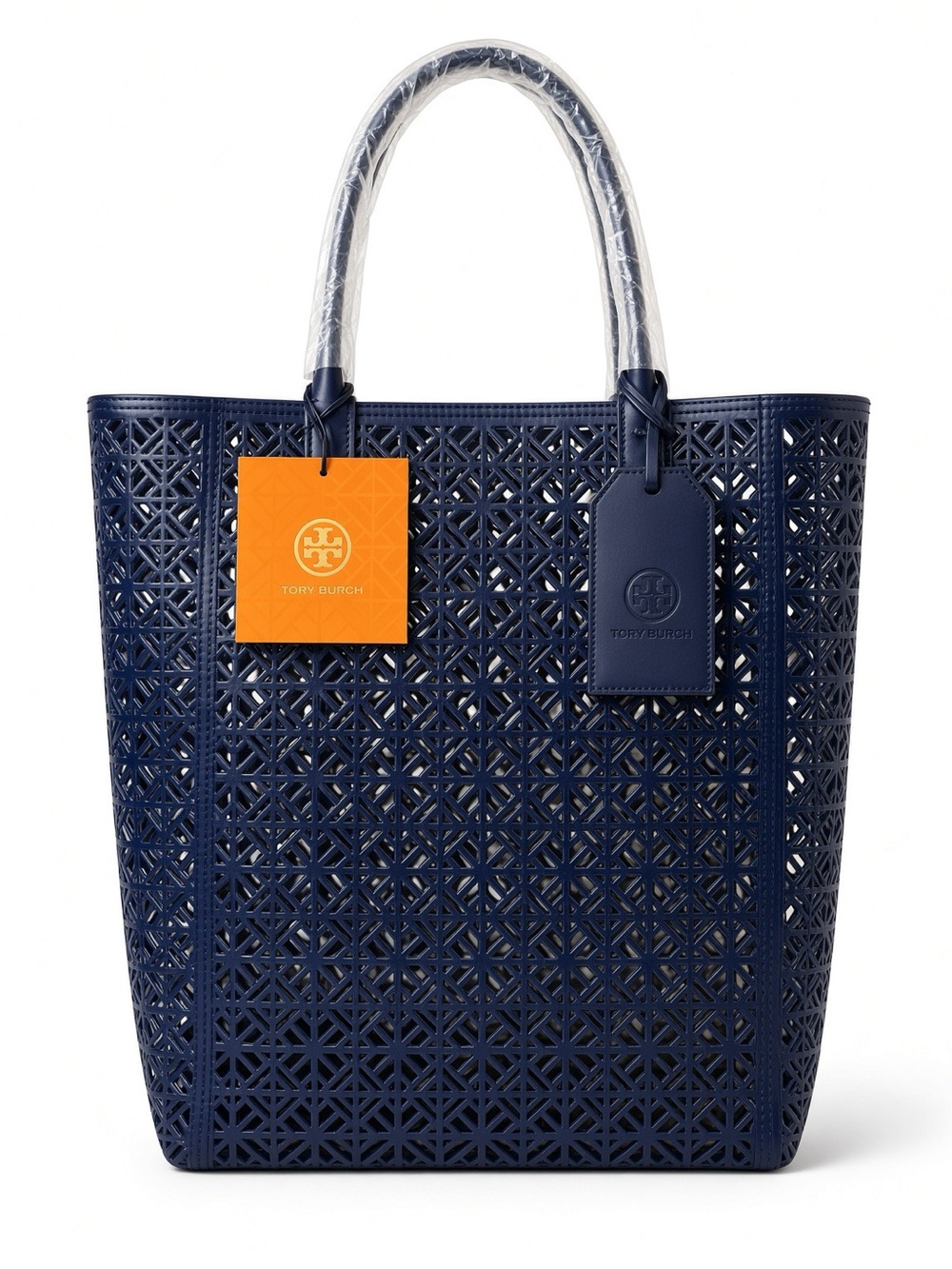 Tory Burch Navy Laser-Cut Tote with Logo Tag